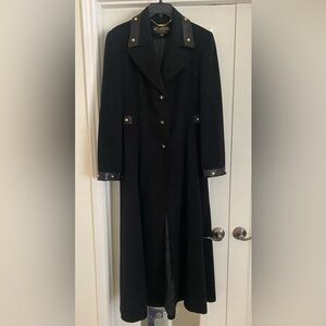 St. John Black Cashmere Trench Coat with Genuine Leather Trim and Gold Accents